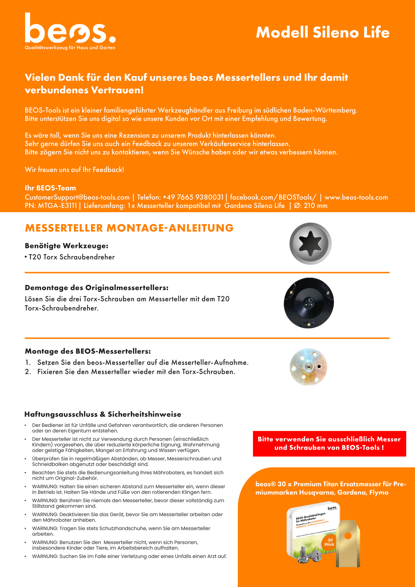 beos® PREMIUM Messerteller für 6x Klingen - Gardena Sileno Life & Gardena Sileno+ & Flymo EasiLife - beos-tools