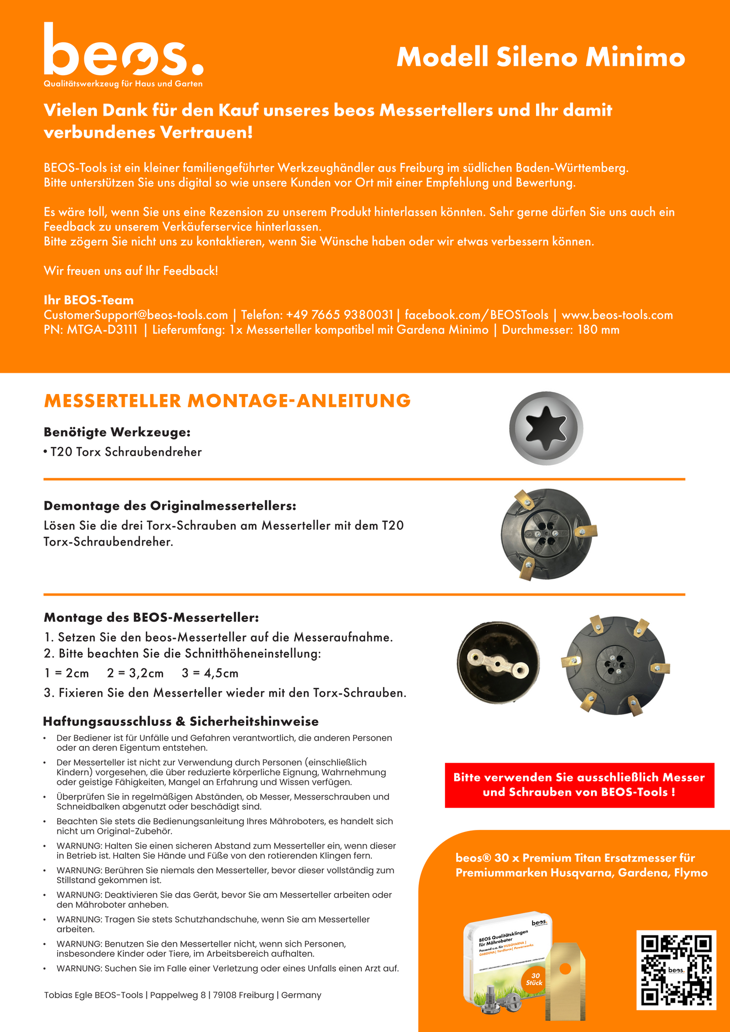 beos® PREMIUM Messerteller für 6x Klingen - Gardena Sileno Minimo & Husqvarna Automower Aspire - beos-tools
