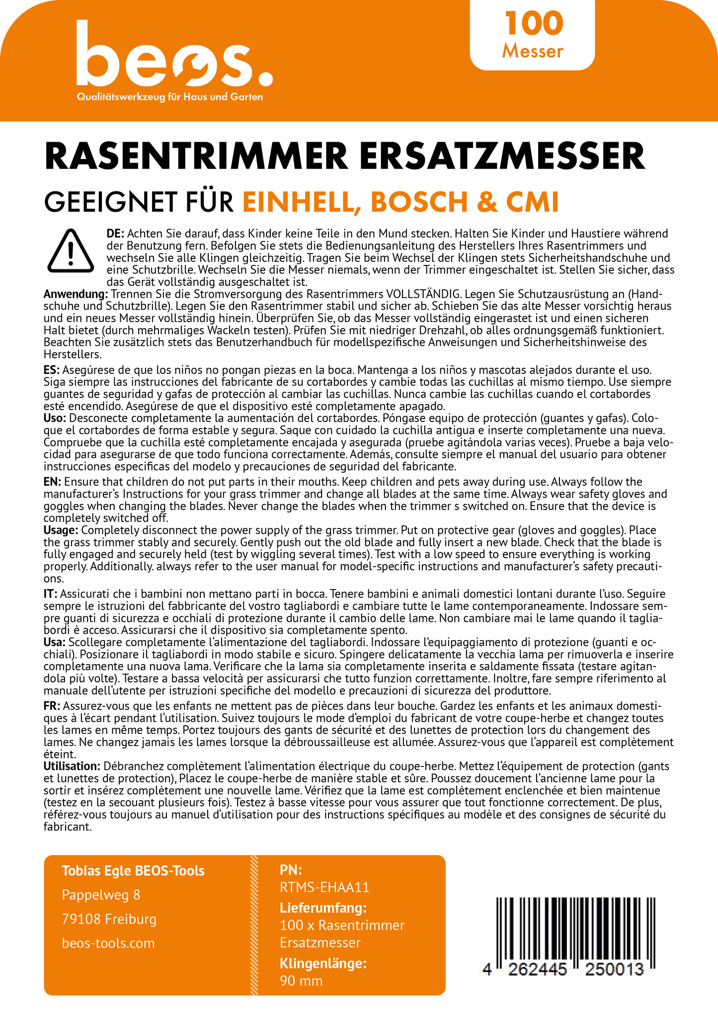 beos® 100x PREMIUM Rasentrimmer Ersatzmesser für Einhell, Bosch, CMI - beos-tools