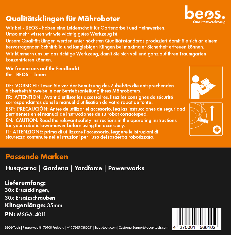 beos® 30x PREMIUM Titan Ersatzmesser für Premiummarken Husqvarna, Gardena, Segway, Yard Force, McCulloch, Powerworks - beos-tools