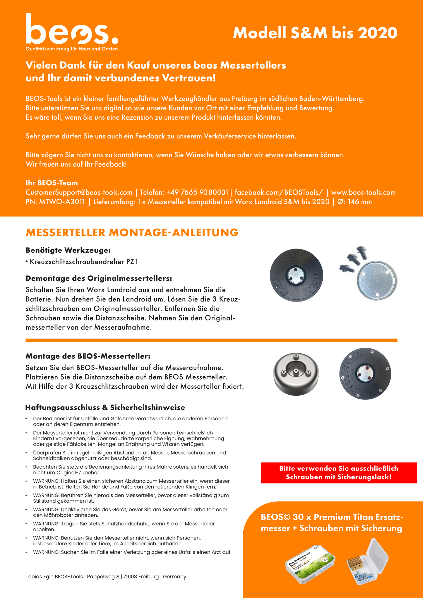 beos® PREMIUM Messerteller für 6x Klingen - Worx Landroid S&M (bis BJ 2020), LandXcape, Kress & Einhell - beos-tools