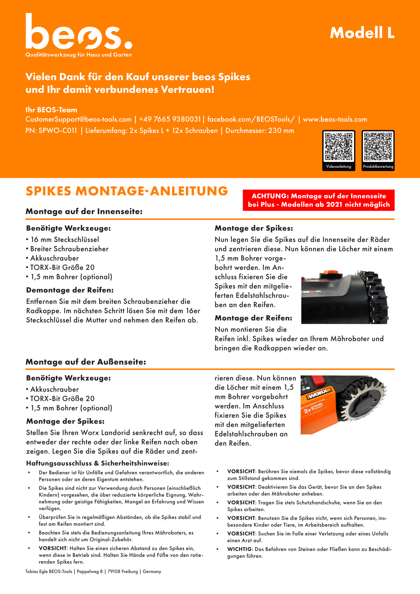 beos® PREMIUM Edelstahl Spikes für Worx Landroid L & Vision - beos-tools