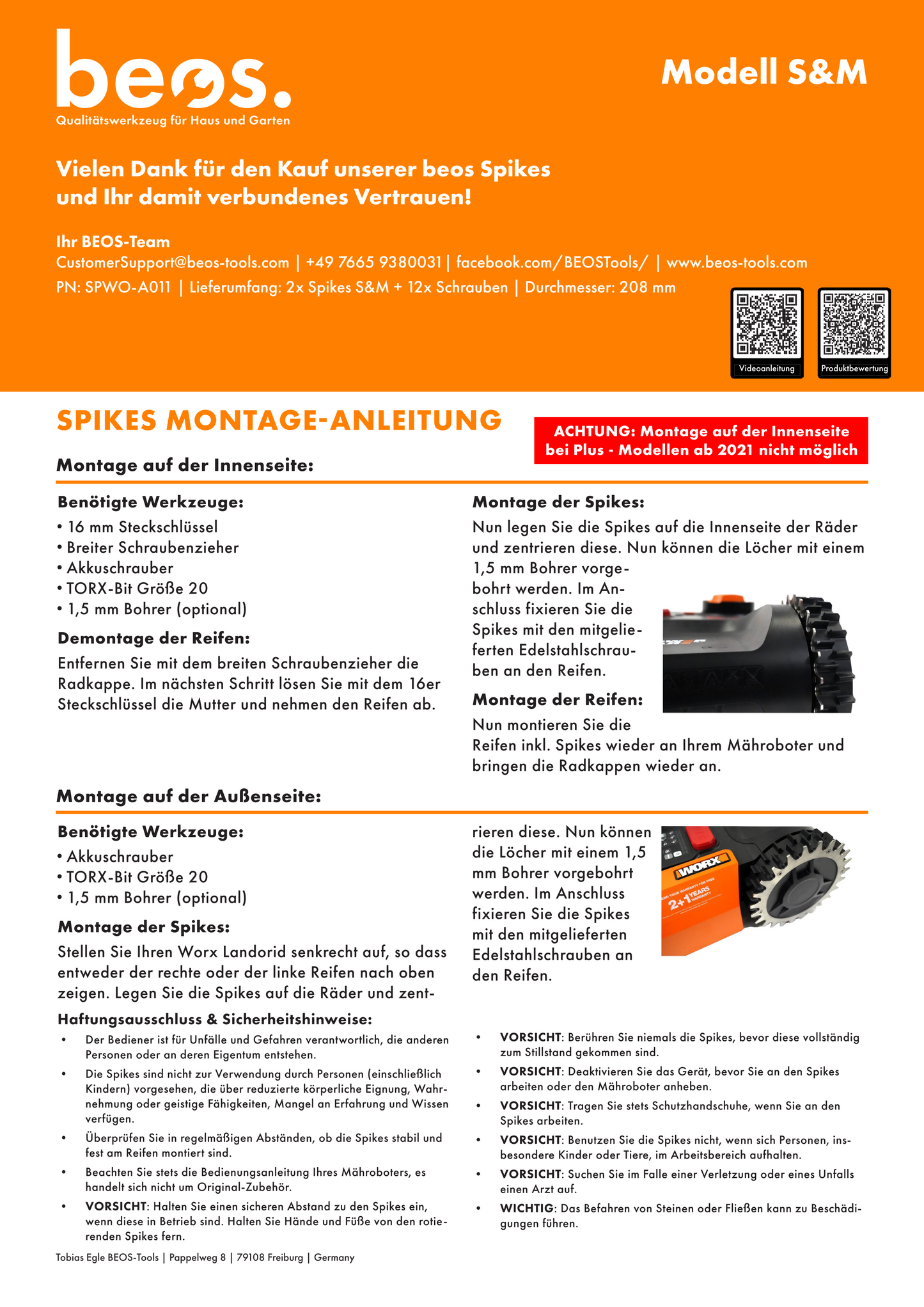 beos® PREMIUM Edelstahl Spikes für Worx Landroid S&M - beos-tools