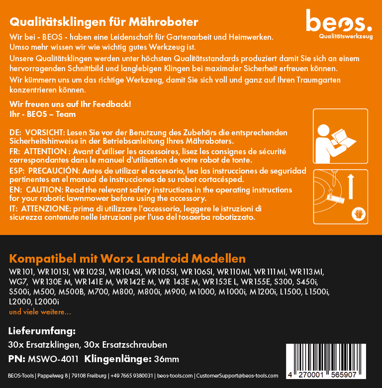 beos® 30x PREMIUM Titan Ersatzmesser für Premiummarken Worx, LandXcape, Zoef Robot, Einhell, Kress - beos-tools