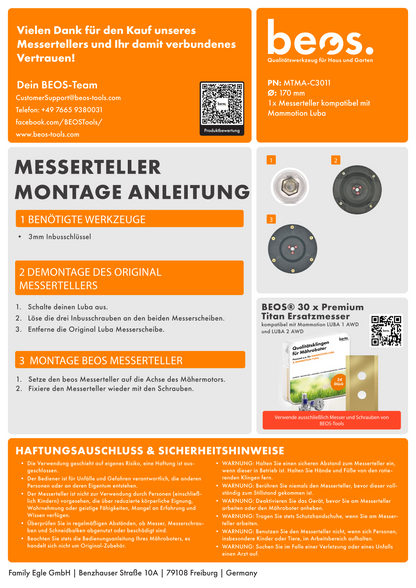 beos® 2x PREMIUM Messerteller für 6x Klingen - Mammotion LUBA 1 AWD | LUBA 2 AWD (bis BJ 2024)