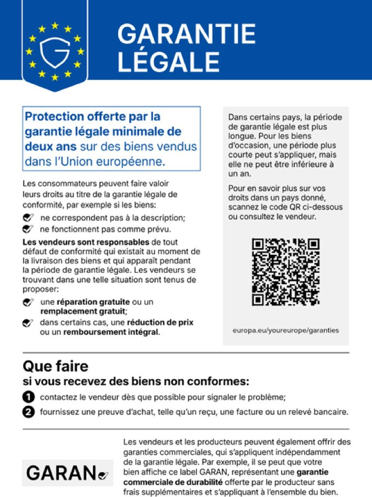 Garantie légale – Protection offerte par la garantie légale minimale de deux ans sur des biens vendus dans l’Union européenne.