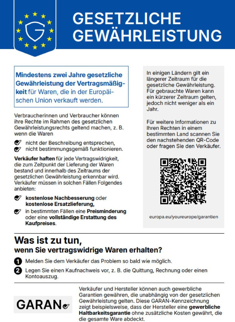Gesetzliche Gewährleistung – Mindestens zwei Jahre gesetzliche Gewährleistung der Vertragsmäßigkeit für Waren, die in der Europäischen Union verkauft werden.