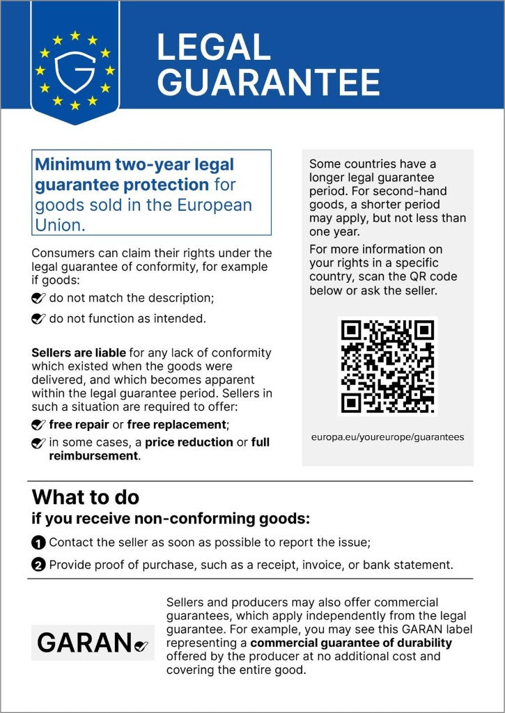 Legal guarantee – Minimum two-year legal guarantee protection for goods sold in the European Union.